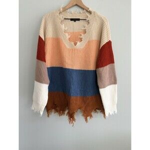 LEANI Sweater Womens Size XL Multicolored Block Distressed V-Neck Pullover Fall